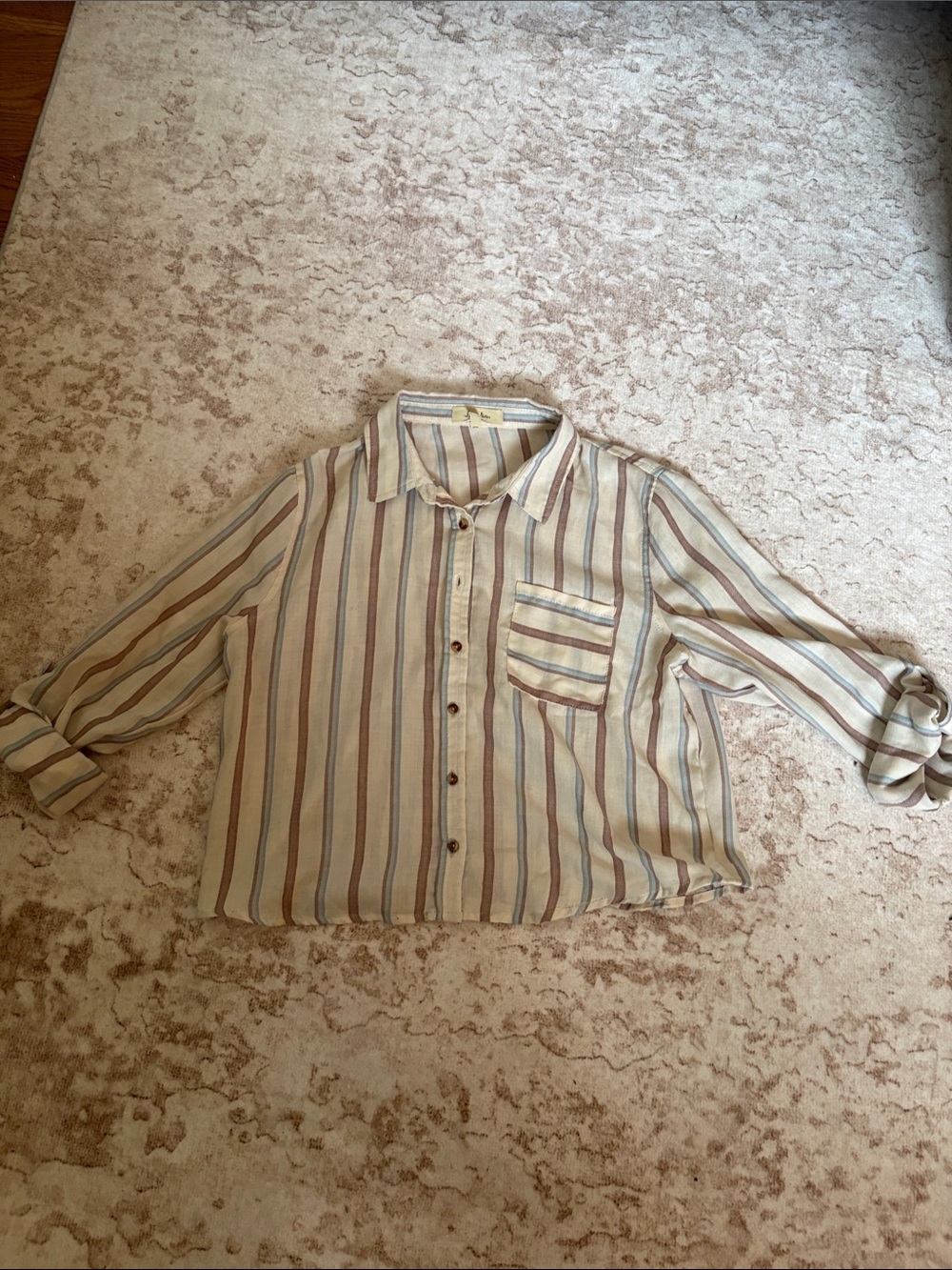 Love Notes Striped Button-Up Blouse in Cream, Blue and Tan